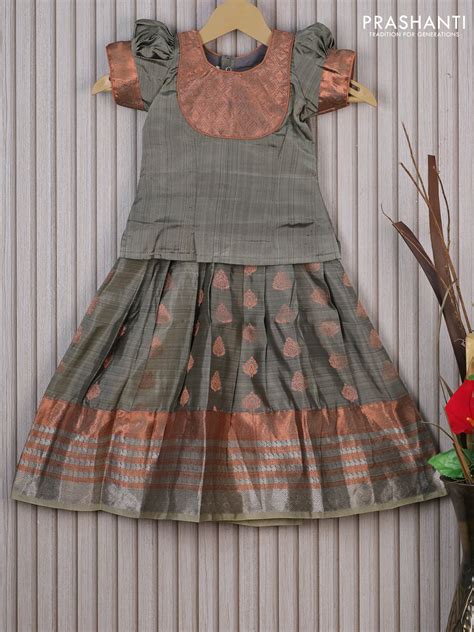 Silk kids lehenga grey and elaichi green with patch work neck pattern ...