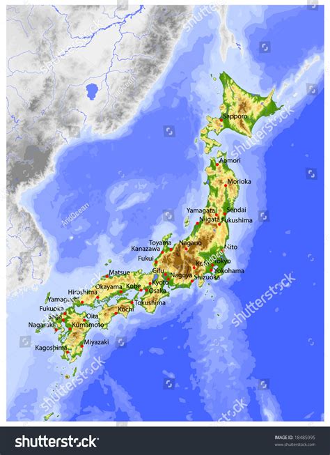 Japan Physical Vector Map Colored According Stock Vector (Royalty Free) 18485995 | Shutterstock