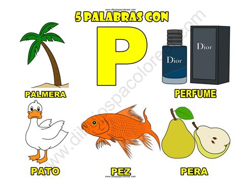 Cinco Palabras con la letra P dibujo a color y para colorear