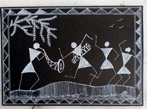 Warli Painting Black And White Border