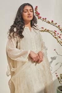 Buy Ivory Chanderi Embroidered Dori Work Notched Round Neck Kurta ...