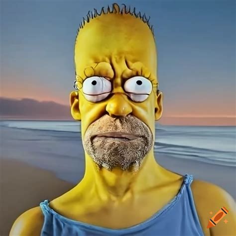 Realistic Homer Simpson and Mike Shinoda on a beach on Craiyon