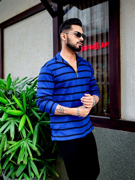 Royal Blue Zipper Striper Self Design T-Shirt – Gritstones