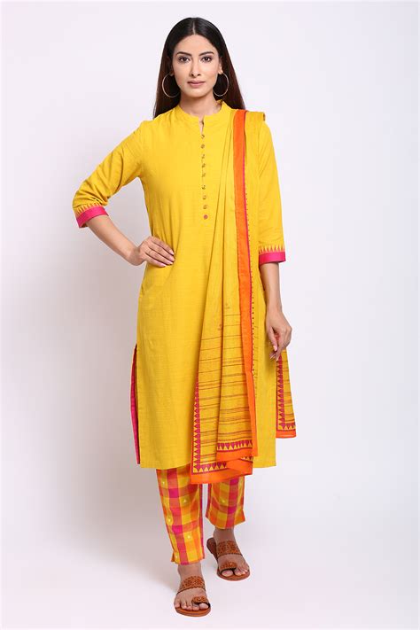 Yellow Eco Cotton Straight Kurta Slim Pant Suit Set at Biba India