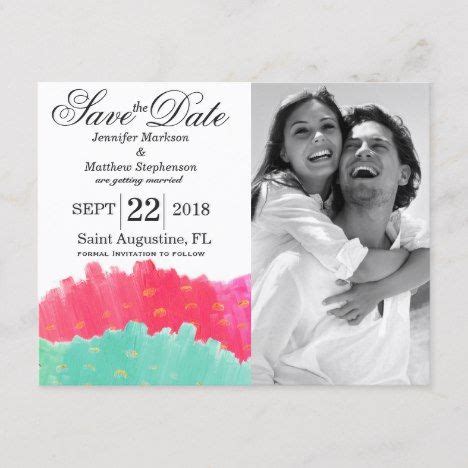 Artsy Pink Teal Brushstrokes Save the Dates Announcement Postcard#arsty ...