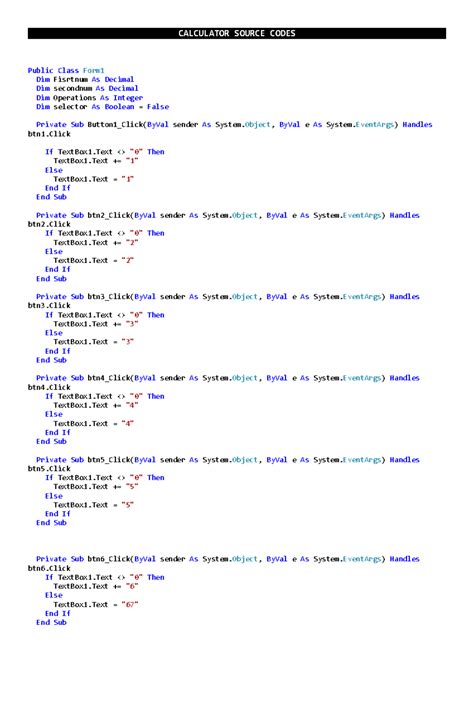 Calcu Code - fine and arts and business - CALCULATOR SOURCE CODES Public Class Form Dim Fisrtnum ...