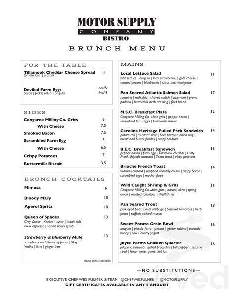 Motor Supply Company Bistro menu in Columbia, South Carolina, USA