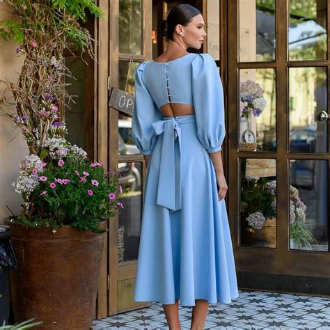 Classy Sky Blue Midi Dress With Puff Sleeves and Open Back Bow Tie ...