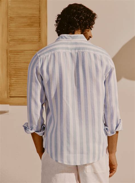 Buy Valletta Blue Cotton Linen Shirt | Casual Blue Stripe Shirt for Men ...