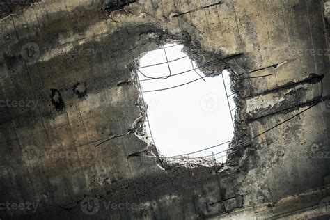 Vintage abandoned damaged house roof with hole in ceiling overlooking ...