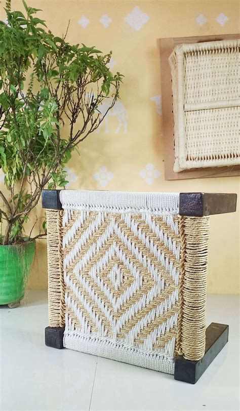 Handmakers Wooden Stool with White Beige Color (pidha)