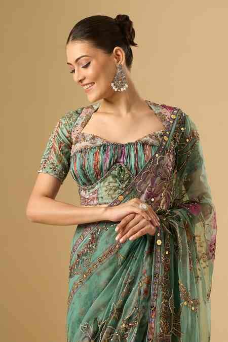 Buy Green Embroidery, Sequins, Zari Sweetheart Floral Pre-draped Saree ...