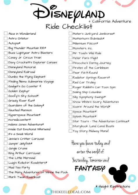 Disneyland Ride Checklist: Free Printable