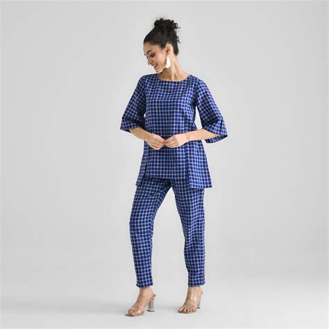 Buy Blue Woven Cotton Co-ord Set with Slit Detail | Rustorange