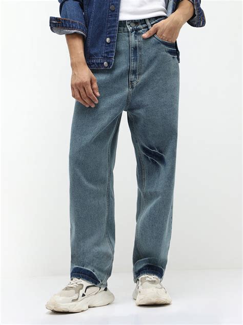 Men's Light Blue Loose Baggy Fit Washed Jeans Non-Stretchable – Urbano ...