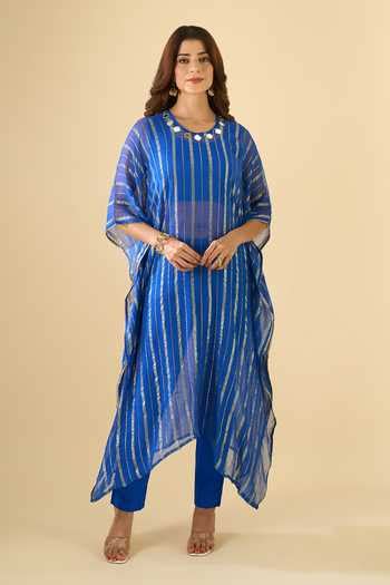 Buy Blue Viscose, Cotton Mirrors Round Neck Work Kaftan Set For Women ...