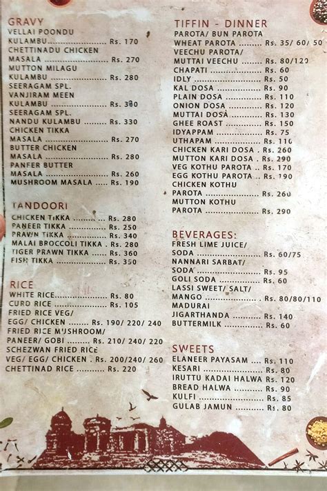 Menu at Seeragam, Chennai