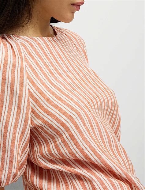 Buy Linen Rich Striped Puff Sleeve Blouse at Marks & Spencer