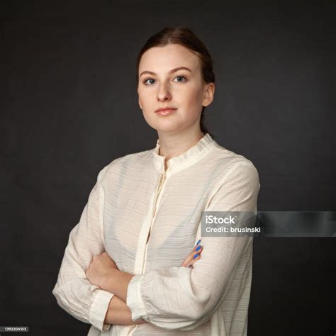 Studio Portrait Of 21 Year Old Woman With Brown Hair Stock Photo ...