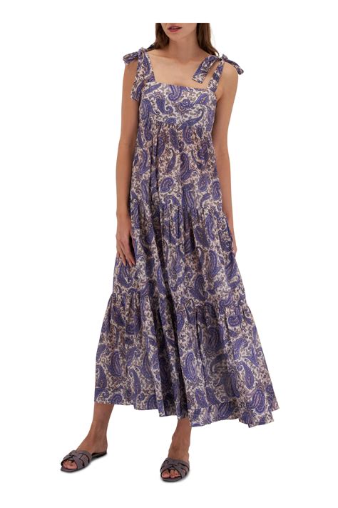 Zimmermann - Devi Indigo Cream Paisley Tie Shoulder Dress