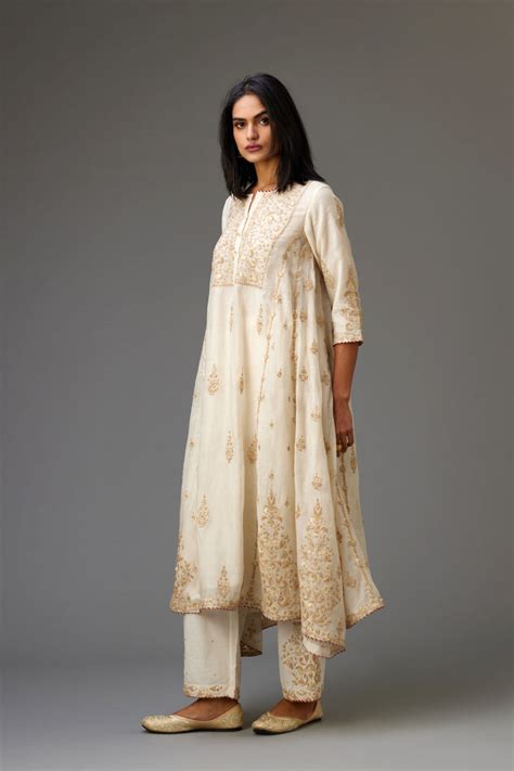 Off white A-line long kurta set with all-over dori, sequins and gota e ...