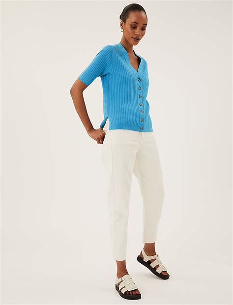 Buy Cotton Rich Ribbed V-Neck Cardigan at Marks & Spencer
