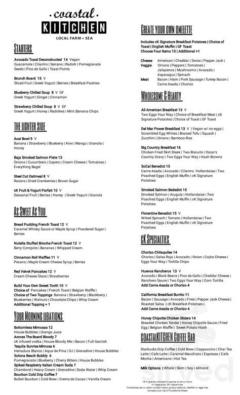 Coastal Kitchen menu in Del Mar, California, USA