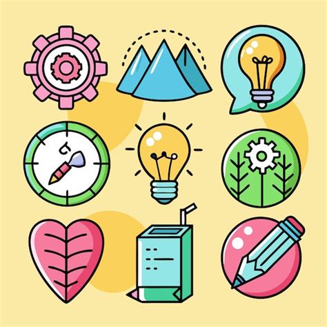 A set of 9 colorful icons representing different ideas and concepts the ...