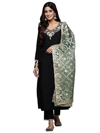 INDO ERA Women's Embroidered Silk Blend Calf Length Straight Kurta ...