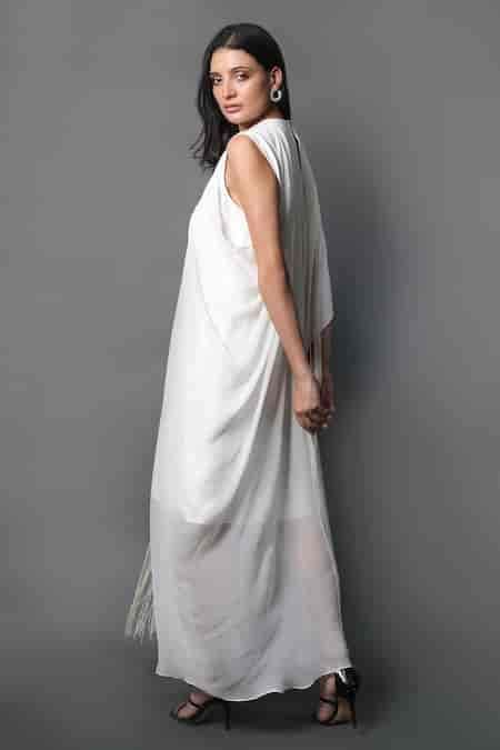 Buy White Crepe Fringe Round Neck Asymmetric Dress For Women by Swatee ...