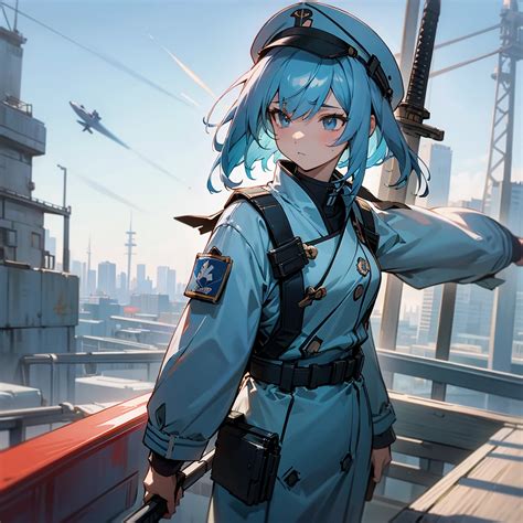 Faded blue hair {Blue Noah from Space Battleship Yamato} girl military cap - SeaArt AI