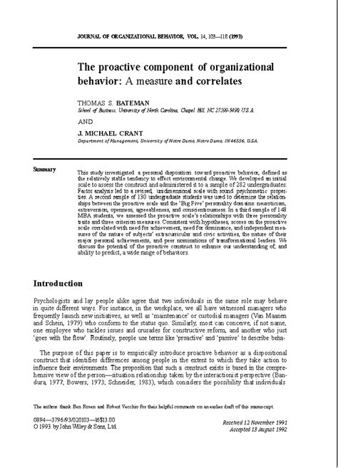 Bateman crant 93 - proactividad - JOURNAL OF ORGANIZATIONAL BEHAVIOR, VOL. 14, 103—118 (1993 ...