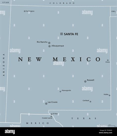 New Mexico, political map, with capital Santa Fe, the largest cities ...