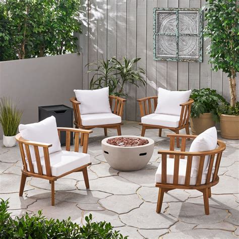 Trent Outdoor Acacia Wood 4 Seater Club Chairs and Fire Pit Set | Fire ...