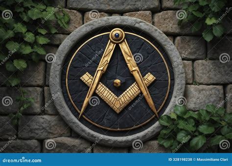 Golden Masonic Symbol with Compass and Square on a Stone Wall ...