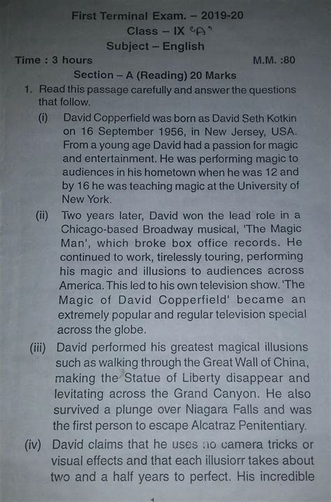 term 1 English question paper of class 9th - Brainly.in