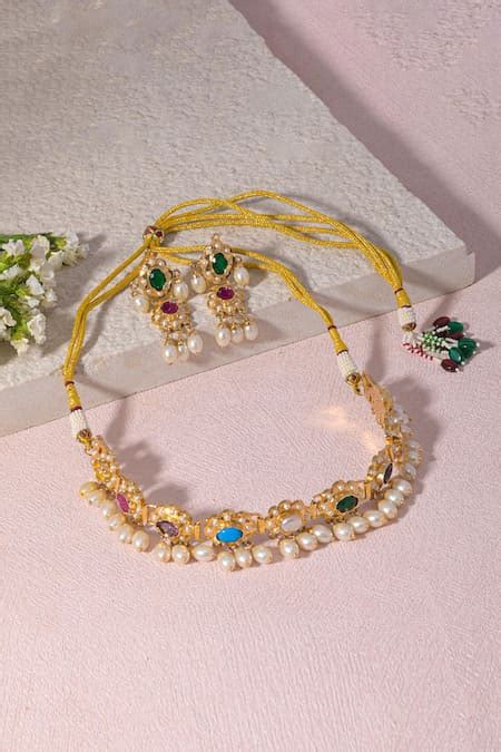 Buy Multi Color Gota Patti, Pearls Navratna Amritsari Jadau Embellished ...