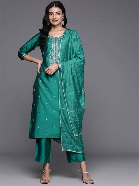 Buy Green Yoke Design Silk Blend Straight Suit With Dupatta Online at ...