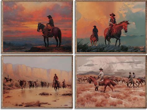 Amazon.com: EVPYXFUT 4Pcs Vintage Western Cowboy Wall Art Retro Oil ...