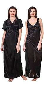 Fasense Women's Satin Plain/Solid Ankle Length Nightwear Set (Pack of 2 ...