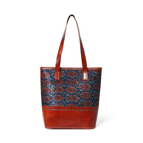 Neela Ajrakh Leather Tote Bag — MaheTri