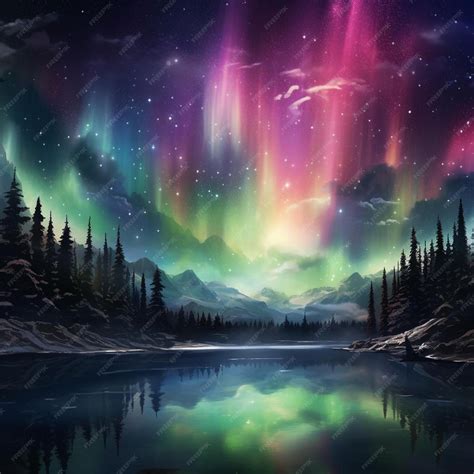 Premium AI Image | a colorful aurora over a lake with trees and ...