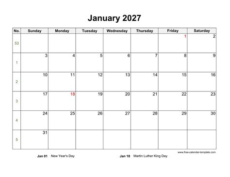 January 2027 Free Calendar Tempplate | Free-calendar-template.com