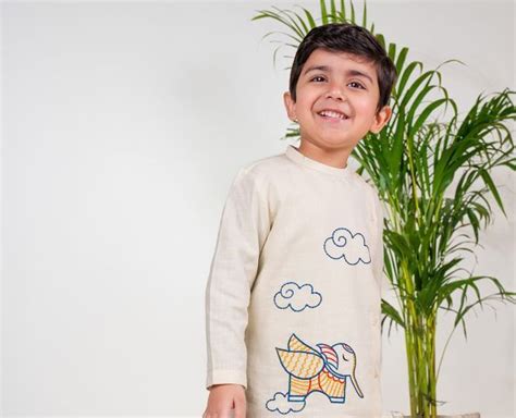 Cream Embroidered Cotton Kurta with Pajama - Set of 2