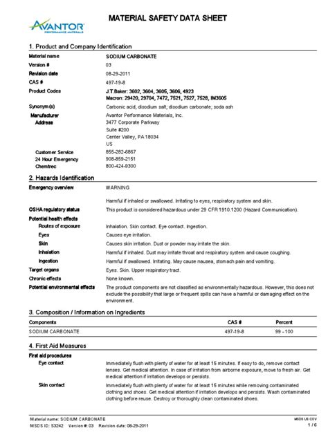 MSDS Sodium Carbonate | Dangerous Goods | Personal Protective Equipment