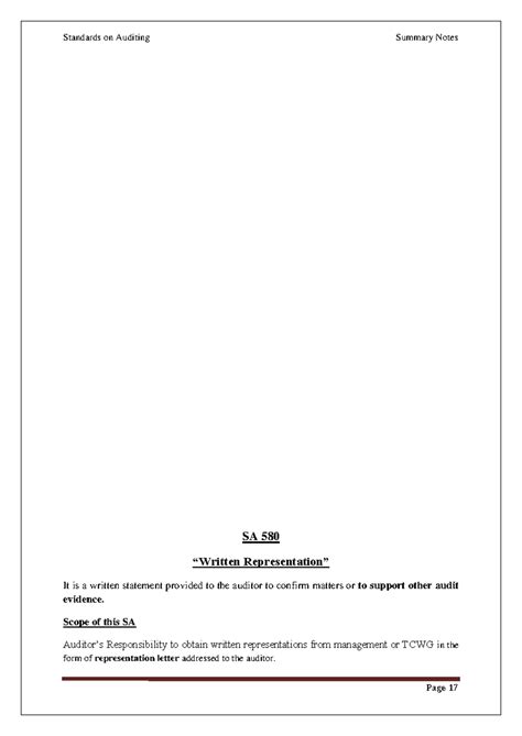 SA 580 - Summary and Insights on Written Representation in Auditing ...