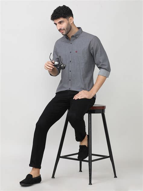 Carbon Black Birdeye Weave Cotton Plain Shirt With Button Down Collar ...
