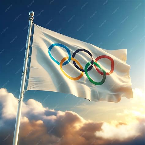 Olympic flag official symbol of the Olympic Games floating under a blue ...