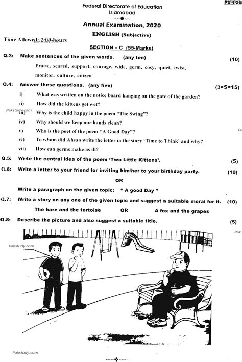 5th Class English Past Paper 2020 Federal Directorate Of Education ...