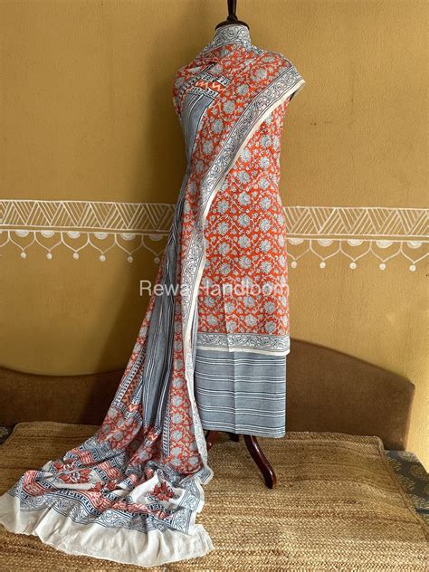 Orange-Blue Bagh Print Cotton Suit BCSP0155 – Rewa Handloom